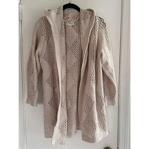 Hooded Open-Knit Cardigan Sweater in Cream Size 1X